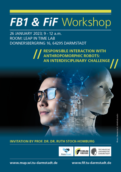 Poster für Workshop. Es sind Portraits eines echten Menschs und eines Roboters zu sehen.